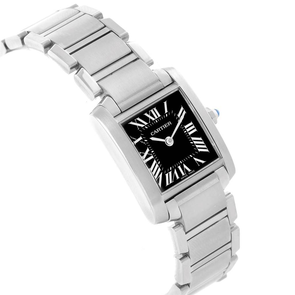 The image shows a Cartier Tank Francaise W51026Q3 Women's Stainless Steel Black Dial W51026Q3 Women's Stainless Steel Black Dial watch angled three-quarters with a visible metal bracelet and rectangular black dial.