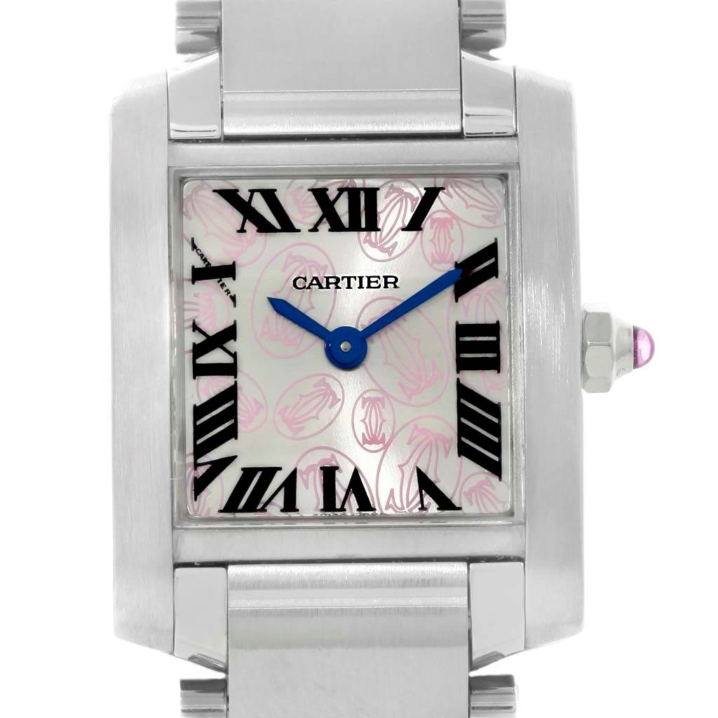 The image shows a frontal view of the Cartier Tank Francaise W51031Q3 Women's Stainless Steel Silver Dial W51031Q3 Women's Stainless Steel Silver Dial watch, highlighting the dial, Roman numerals, and blue hands.