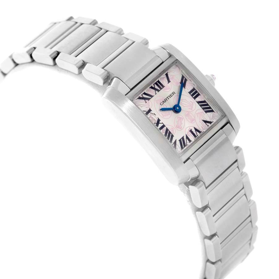 The Tank Francaise by Cartier is shown from an angled top view, highlighting the bracelet, rectangular case, and dial with Roman numerals.