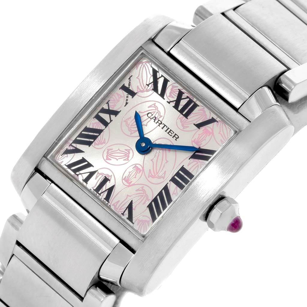 The image shows a close-up, angled view of the Cartier Tank Française watch, highlighting the watch face, hands, and bracelet.