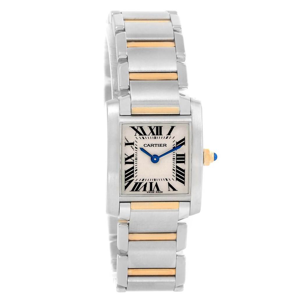 The image shows a Cartier Tank Française watch from a straight-on angle, highlighting its face and stainless steel bracelet.