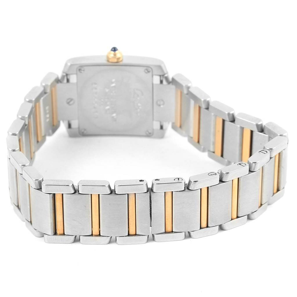 The image shows the back and bracelet, featuring a two-tone metal band, of a Cartier Tank Francaise W51007Q4 Women's Steel and Gold (two tone) Silver Dial W51007Q4 Women's Steel and Gold (two tone) Silver Dial watch.