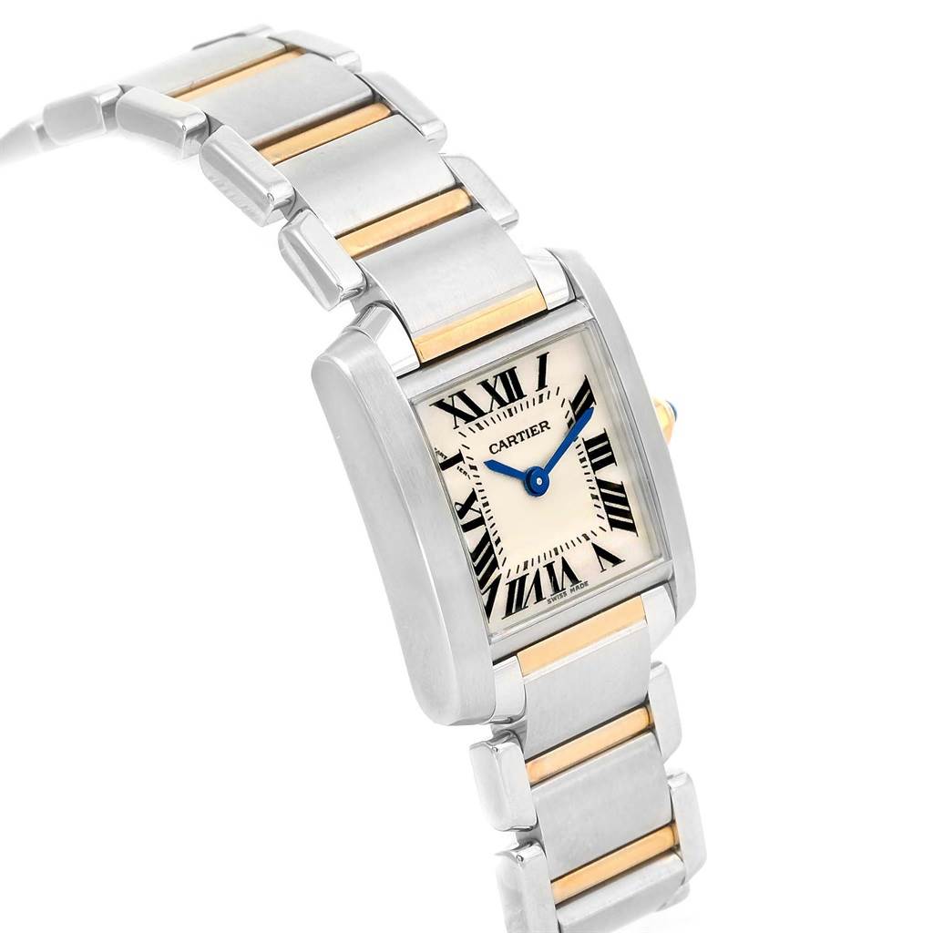 The image shows a Cartier Tank Francaise W51007Q4 Women's Steel and Gold (two tone) Silver Dial W51007Q4 Women's Steel and Gold (two tone) Silver Dial watch from an angled top view, highlighting its face and part of the metal bracelet.