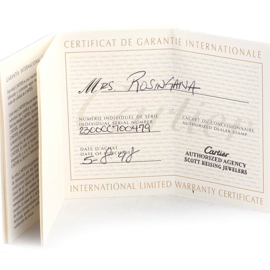 The image shows an open Cartier International Limited Warranty Certificate for a Tank Francaise model.
