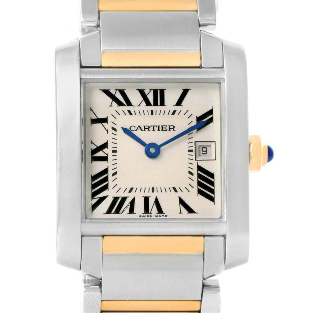 This image shows a front view of the Cartier Tank Francaise W51012Q4 Women's Steel and Gold (two tone) Silver Dial W51012Q4 Women's Steel and Gold (two tone) Silver Dial watch, highlighting the dial, hands, bezel, and part of the bracelet.