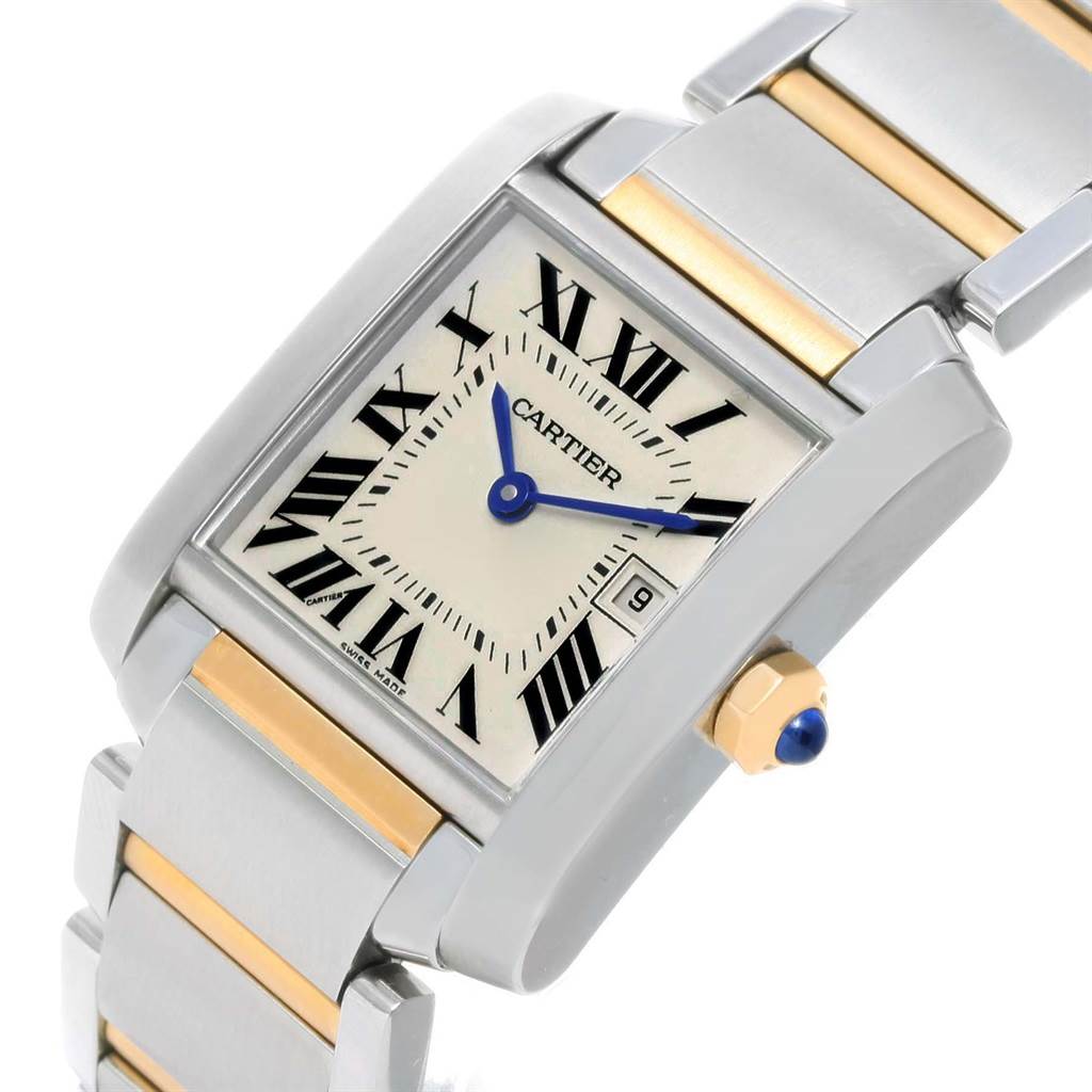 This image shows a close-up angle of the Cartier Tank Française watch, highlighting its dial, hands, case, and part of the bracelet.