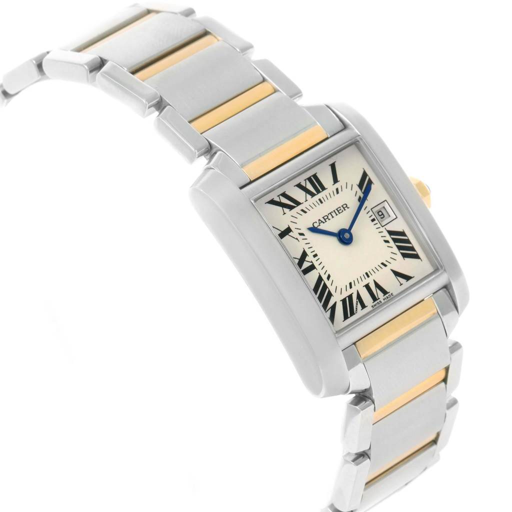 The image shows the face and part of the strap of a Cartier Tank Française watch at a slight angle.