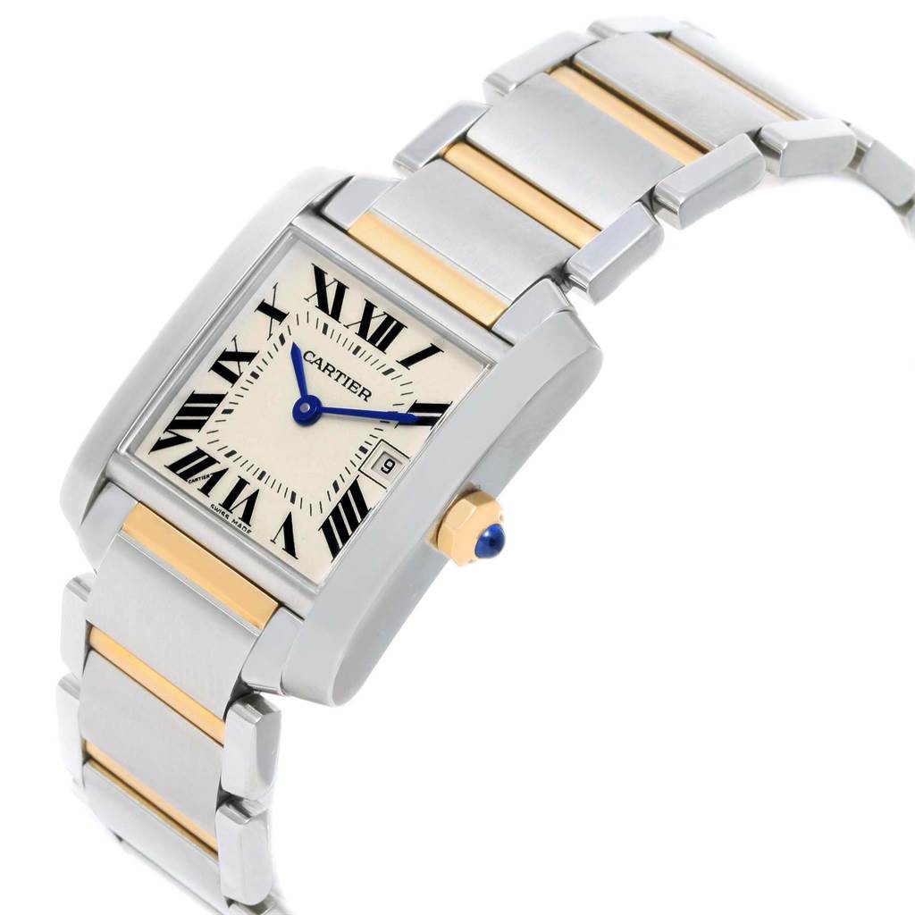 The Cartier Tank Francaise W51012Q4 Women's Steel and Gold (two tone) Silver Dial W51012Q4 Women's Steel and Gold (two tone) Silver Dial watch is displayed at an angle showcasing its face, bezel, crown, and two-tone bracelet.