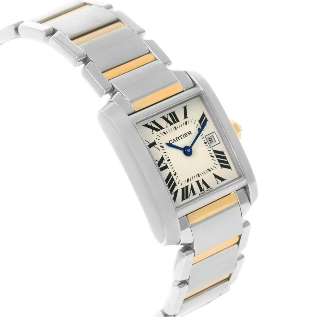This image shows a Cartier Tank Francaise W51012Q4 Women's Steel and Gold (two tone) Silver Dial W51012Q4 Women's Steel and Gold (two tone) Silver Dial watch at a three-quarter angle, highlighting the face, bezel, and part of the bracelet.