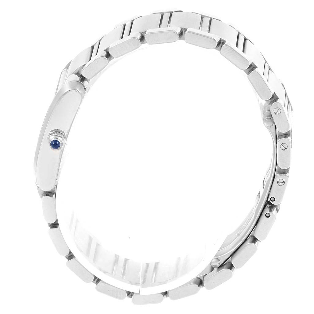 The image shows a Cartier Tank Francaise W51008Q3 Women's Stainless Steel Silver Dial W51008Q3 Women's Stainless Steel Silver Dial watch from a side angle, highlighting the bracelet and crown with a blue cabochon.