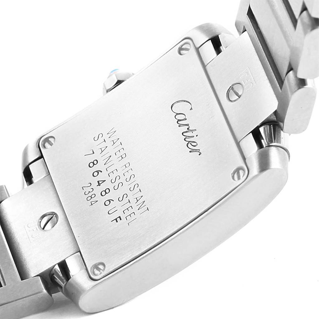 The image shows the back case and bracelet attachment of the Cartier Tank Francaise W51008Q3 Women's Stainless Steel Silver Dial W51008Q3 Women's Stainless Steel Silver Dial watch at an angle.