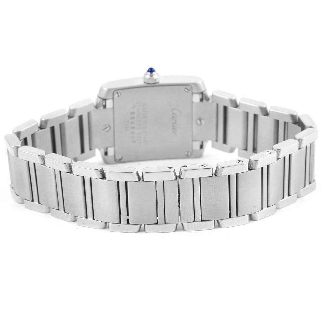 This image shows the backside and stainless steel bracelet of a Cartier Tank Francaise W51008Q3 Women's Stainless Steel Silver Dial W51008Q3 Women's Stainless Steel Silver Dial watch.
