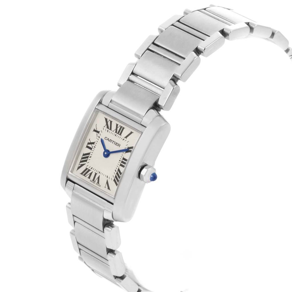The image shows a Cartier Tank Française watch, displaying the face, bracelet, and crown at a slight diagonal angle.