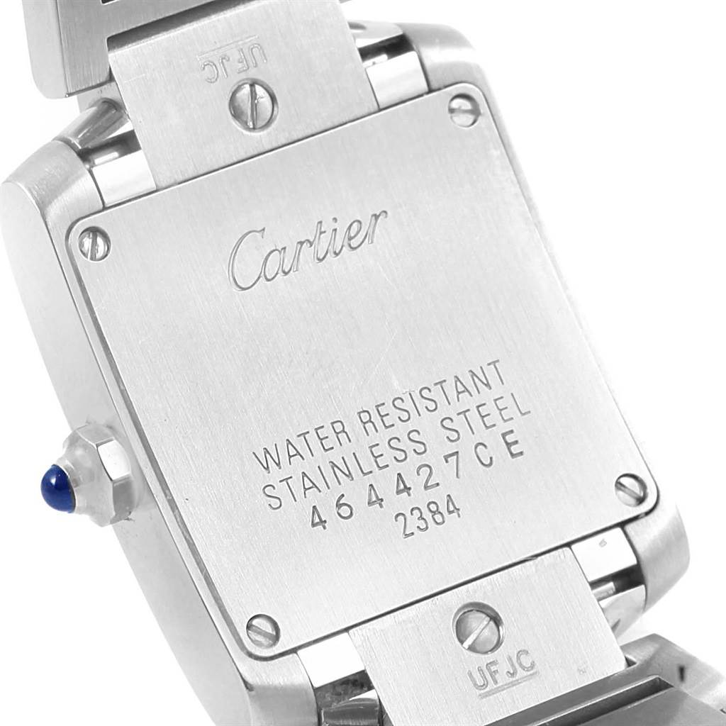 The image shows the back case and part of the bracelet of the Cartier Tank Francaise W51008Q3 Women's Stainless Steel Silver Dial W51008Q3 Women's Stainless Steel Silver Dial watch.