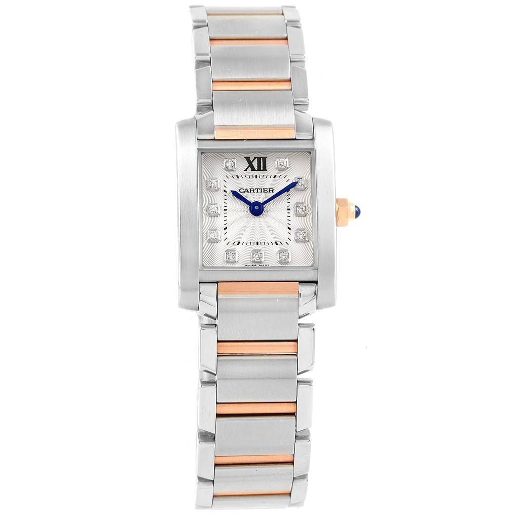 The image shows a front view of the Cartier Tank Francaise WE110004 Women's Steel and Gold (two tone) Silver Dial WE110004 Women's Steel and Gold (two tone) Silver Dial watch, featuring a silver and gold two-tone bracelet.