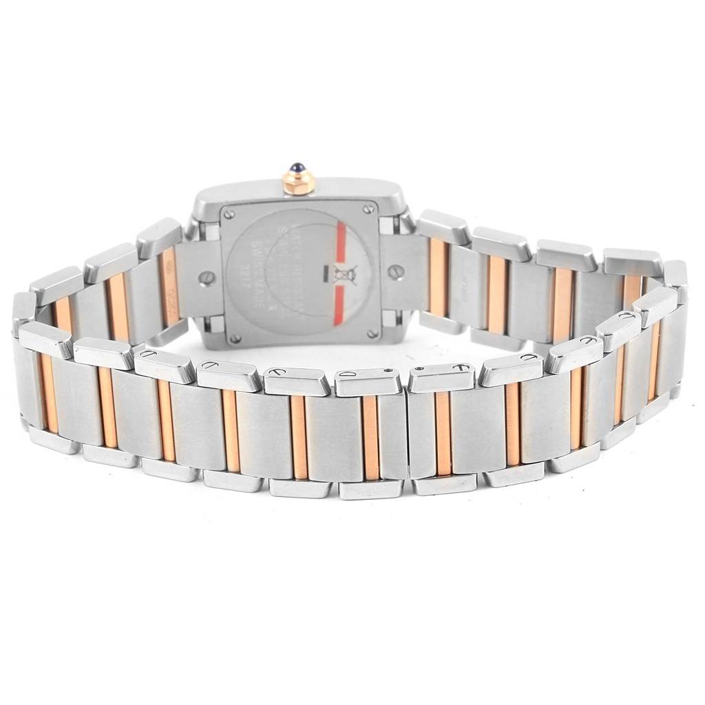 This is the reverse angle of a Cartier Tank Francaise WE110004 Women's Steel and Gold (two tone) Silver Dial WE110004 Women's Steel and Gold (two tone) Silver Dial watch, showing the case back and bi-color metal bracelet.