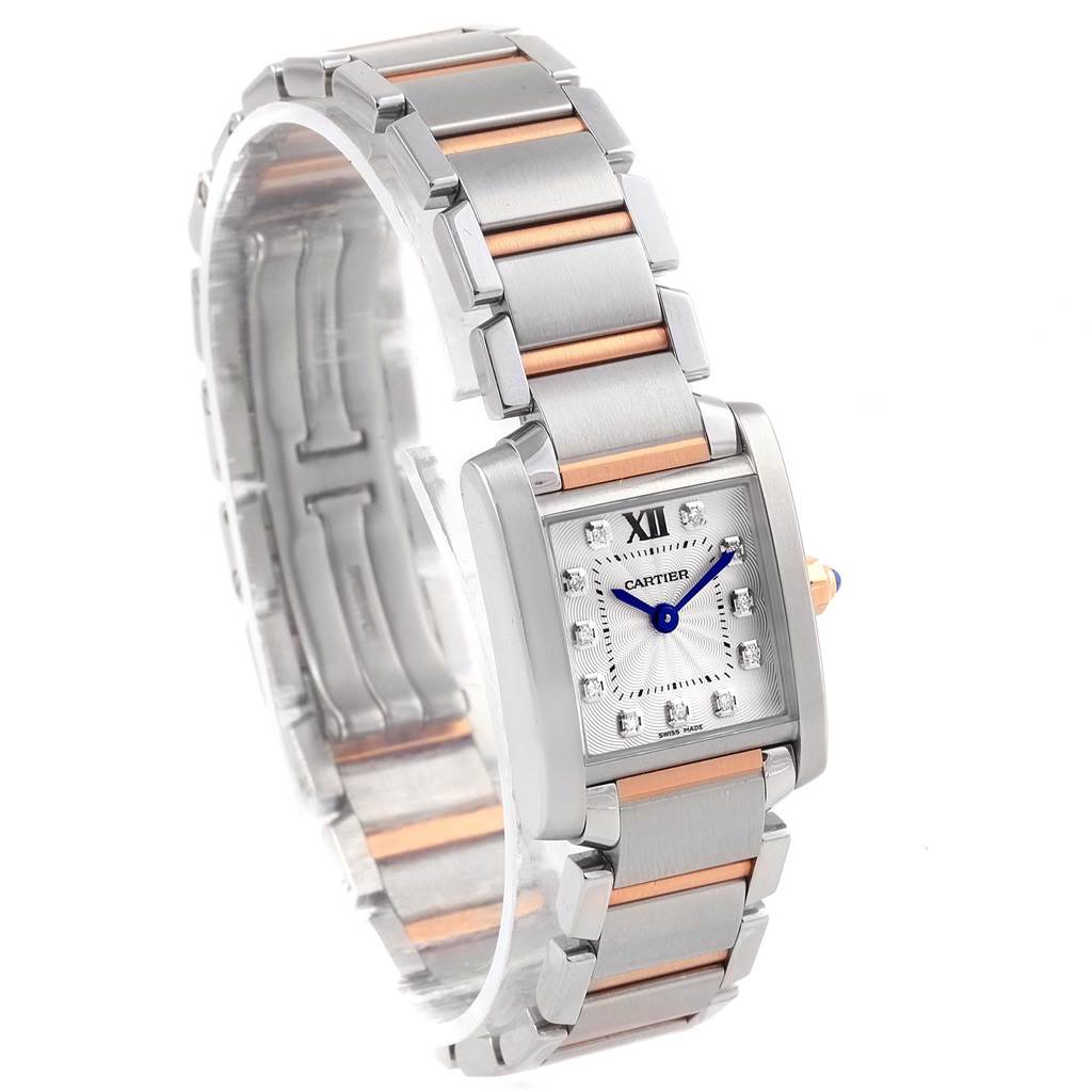 The image shows a Cartier Tank Francaise WE110004 Women's Steel and Gold (two tone) Silver Dial WE110004 Women's Steel and Gold (two tone) Silver Dial watch at a slight angle, highlighting its bracelet and rectangular dial with diamond markers.