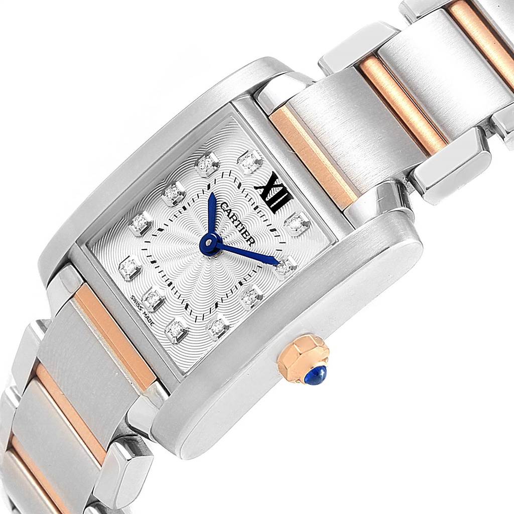 The image shows a close-up angled view of the Cartier Tank Francaise WE110004 Women's Steel and Gold (two tone) Silver Dial WE110004 Women's Steel and Gold (two tone) Silver Dial watch, highlighting its dial, hands, and part of the metal bracelet.