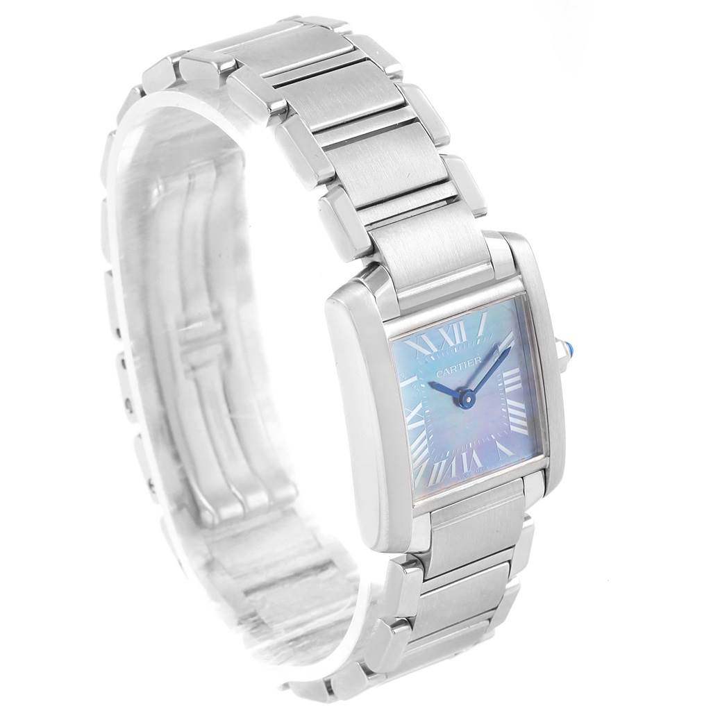 This image shows the Tank Francaise watch by Cartier at an angle displaying its face and bracelet.