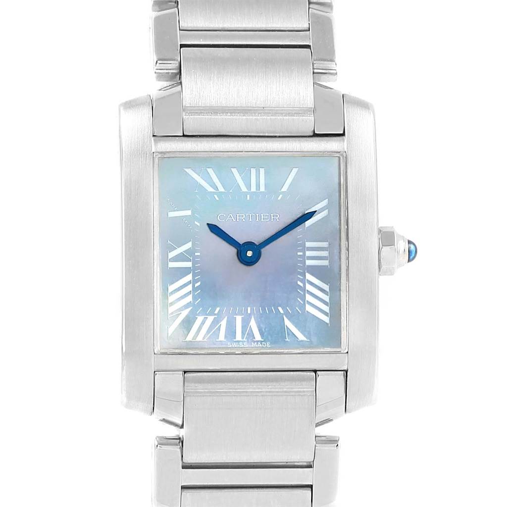 The image shows a front view of the Cartier Tank Francaise W51034Q3 Women's Stainless Steel Mother of Pearl Dial W51034Q3 Women's Stainless Steel Mother of Pearl Dial watch, displaying its face, hands, dial, and a portion of the bracelet.