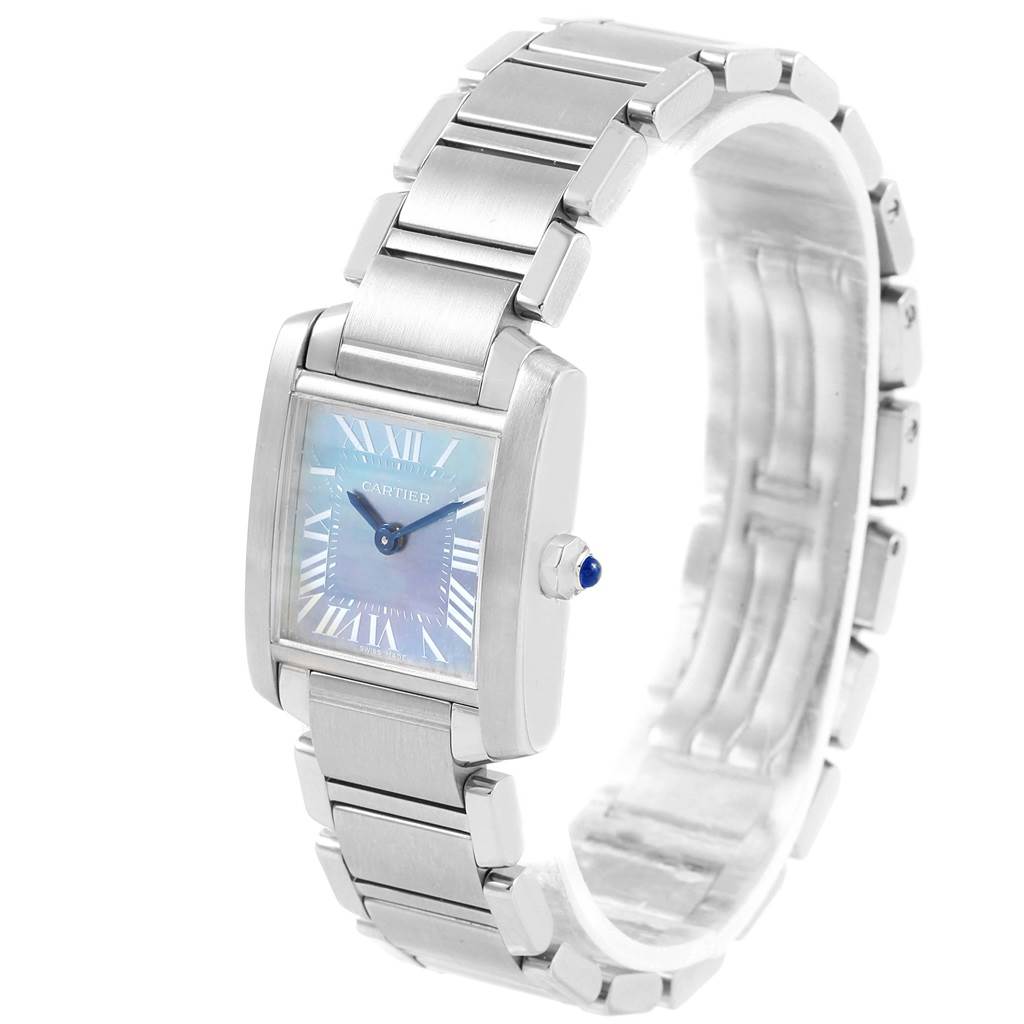 The image shows the Cartier Tank Française watch angled to display the face, crown, and bracelet.