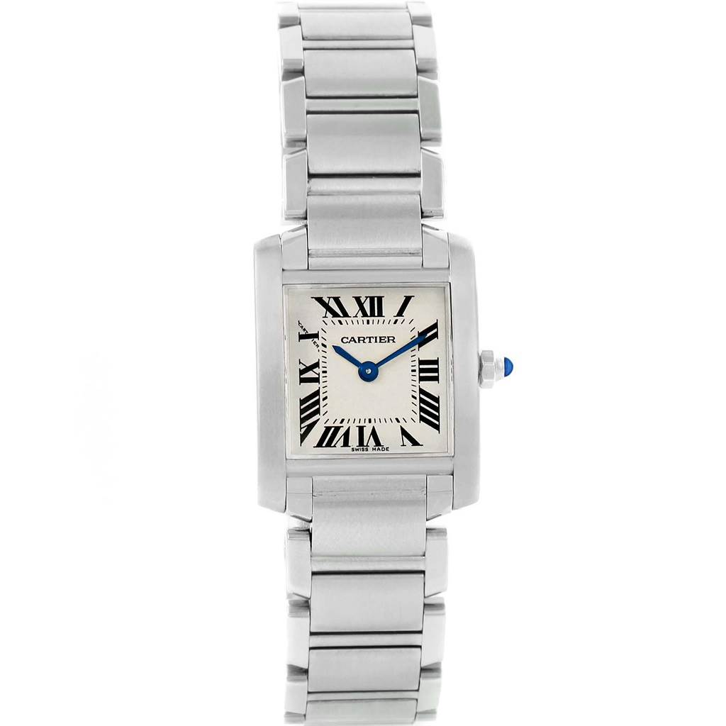 This image shows a front view of the Cartier Tank Francaise W51008Q3 Women's Stainless Steel Silver Dial W51008Q3 Women's Stainless Steel Silver Dial watch, highlighting its square dial and metal bracelet.