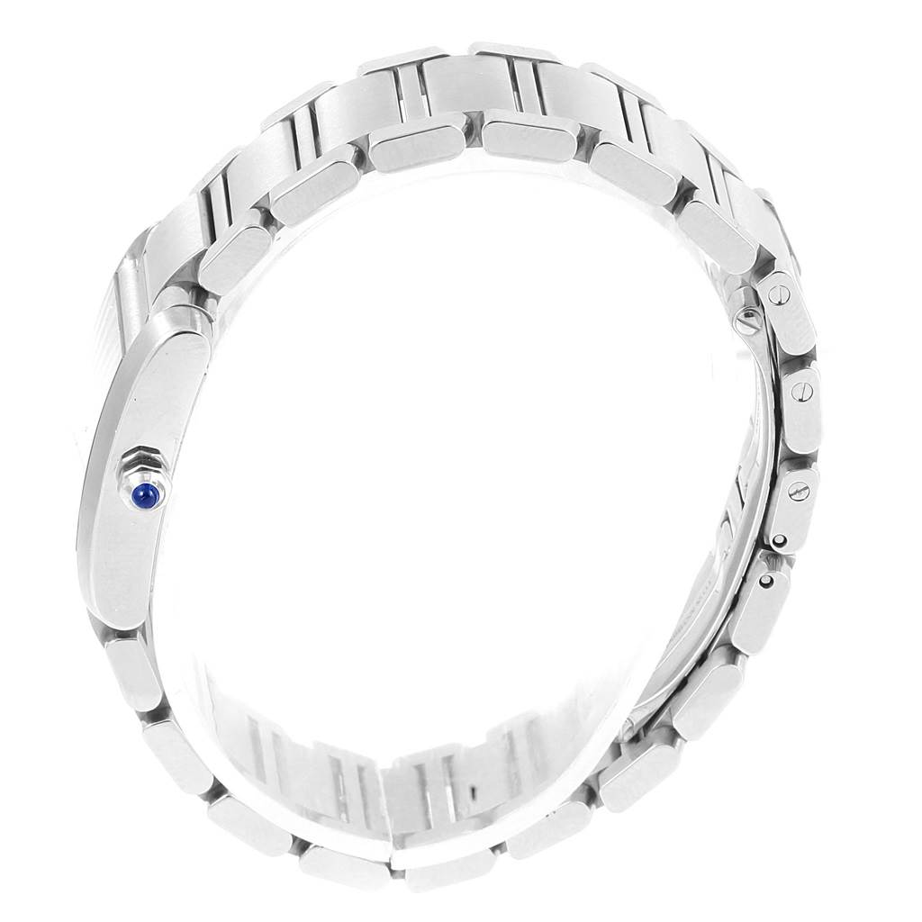The image shows the side view of a Cartier Tank Francaise W51008Q3 Women's Stainless Steel Silver Dial W51008Q3 Women's Stainless Steel Silver Dial watch, focusing on the bracelet and crown.