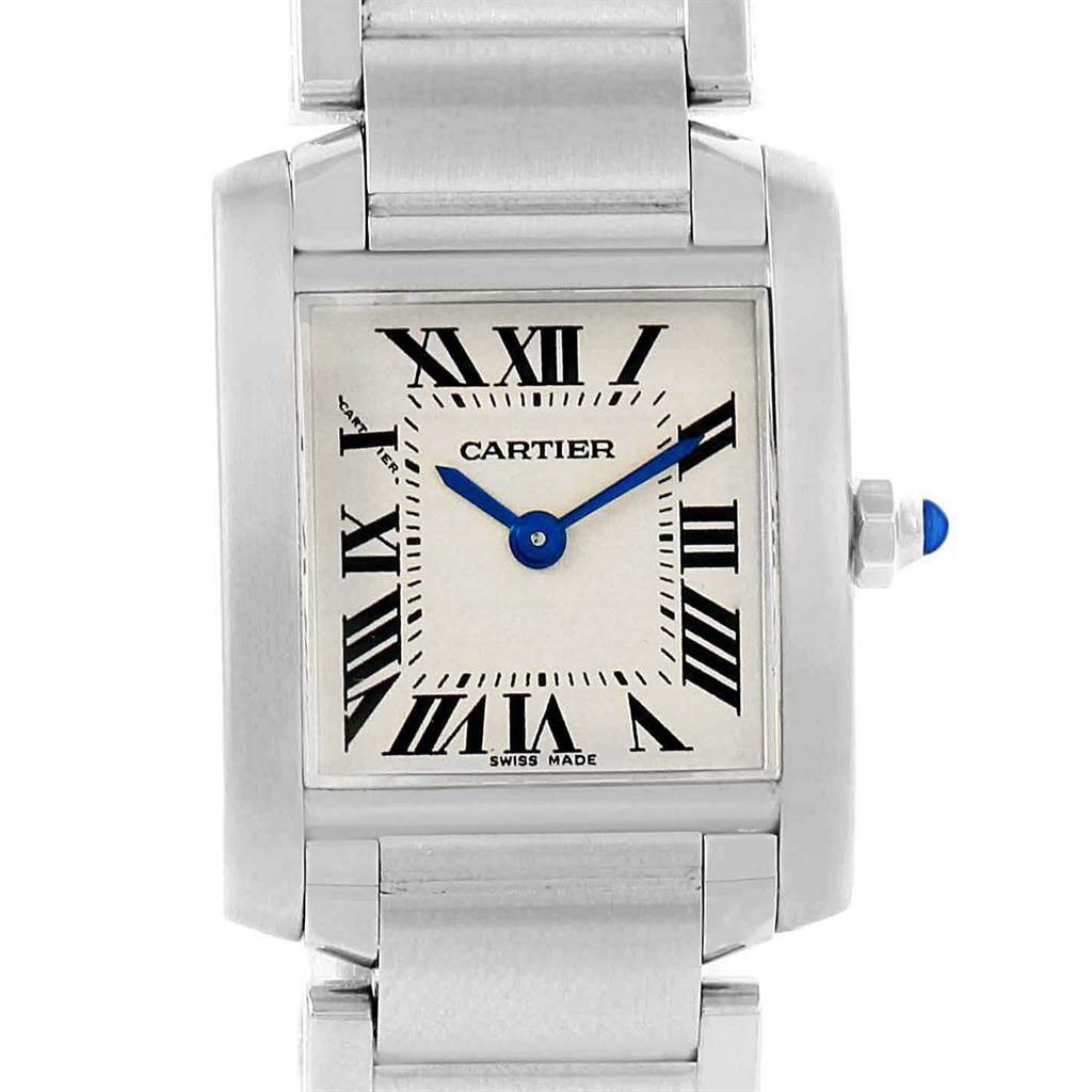 This image shows a front view of the Cartier Tank Francaise W51008Q3 Women's Stainless Steel Silver Dial W51008Q3 Women's Stainless Steel Silver Dial watch, highlighting its rectangular face, Roman numerals, and steel bracelet.