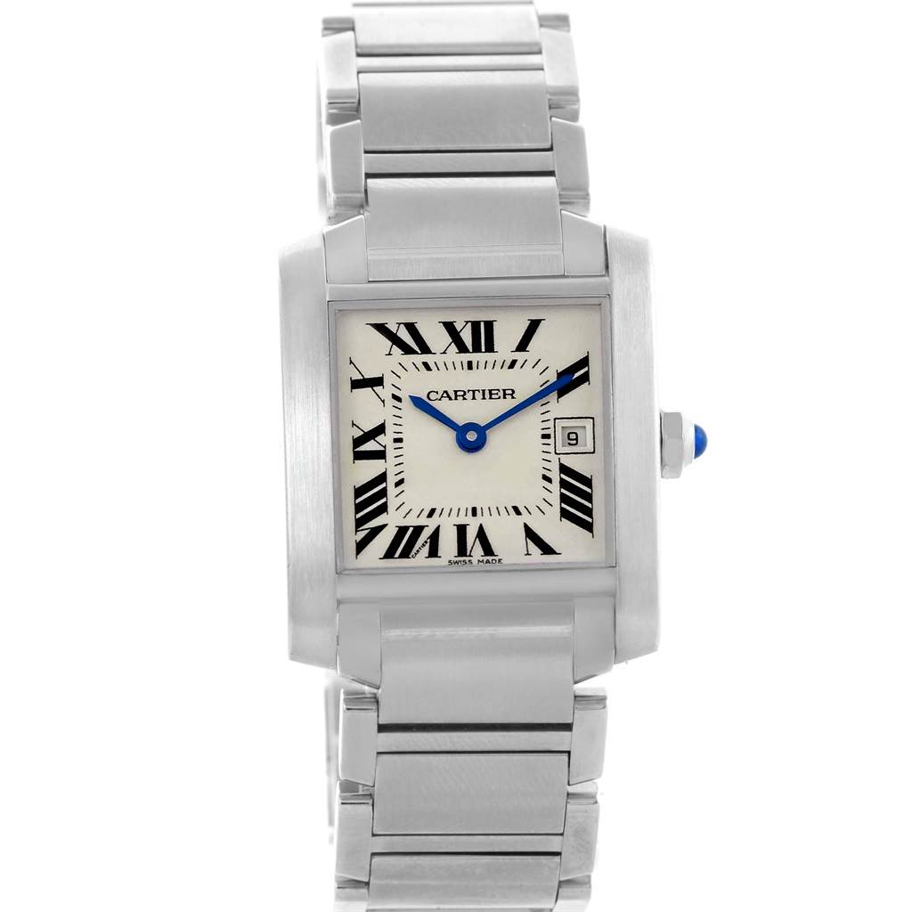 The image shows a Cartier Tank Francaise W51011Q3 Women's Stainless Steel Silver Dial W51011Q3 Women's Stainless Steel Silver Dial watch from a front angle, displaying the face, bracelet, and crown.
