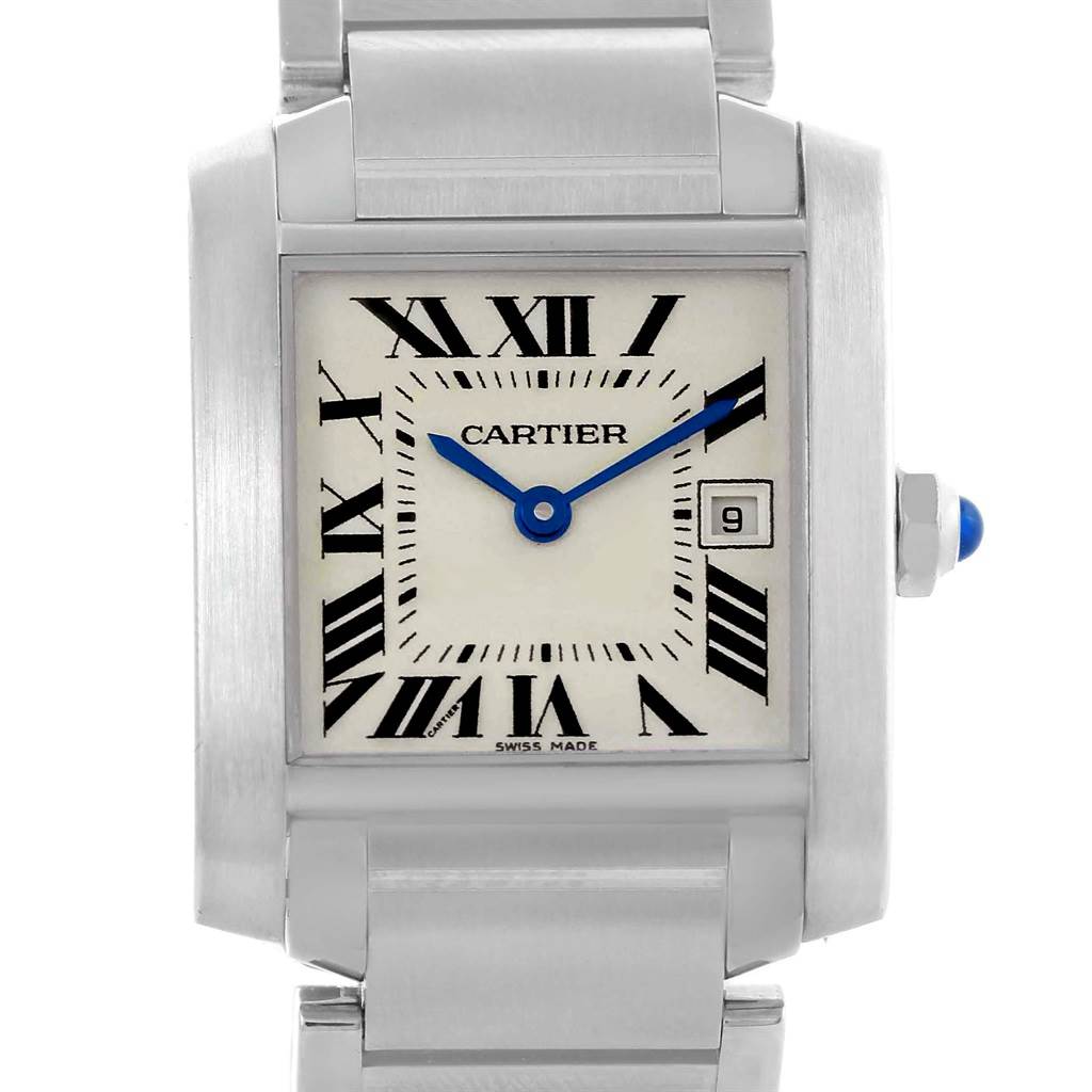 The image shows a Cartier Tank Francaise W51011Q3 Women's Stainless Steel Silver Dial W51011Q3 Women's Stainless Steel Silver Dial watch from a front angle, highlighting the dial, blue hands, Roman numerals, date window, and part of the bracelet.