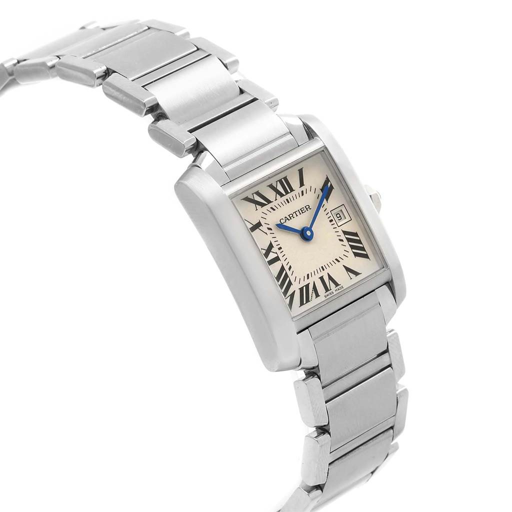 The Cartier Tank Francaise W51011Q3 Women's Stainless Steel Silver Dial W51011Q3 Women's Stainless Steel Silver Dial watch in this image is shown from a slightly angled front view, highlighting its face and metal bracelet.