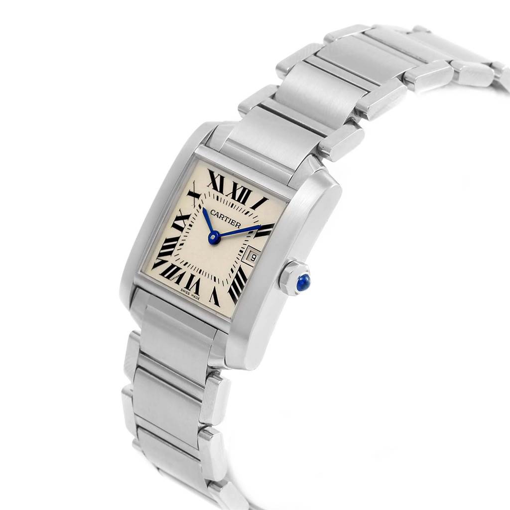 This image showcases a Cartier Tank Francaise W51011Q3 Women's Stainless Steel Silver Dial W51011Q3 Women's Stainless Steel Silver Dial watch, focused on the face, case, and part of the metal bracelet at an angled view.