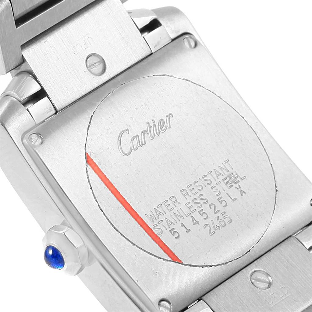 This image shows the back case and bracelet of a Cartier Tank Francaise W51011Q3 Women's Stainless Steel Silver Dial W51011Q3 Women's Stainless Steel Silver Dial watch.