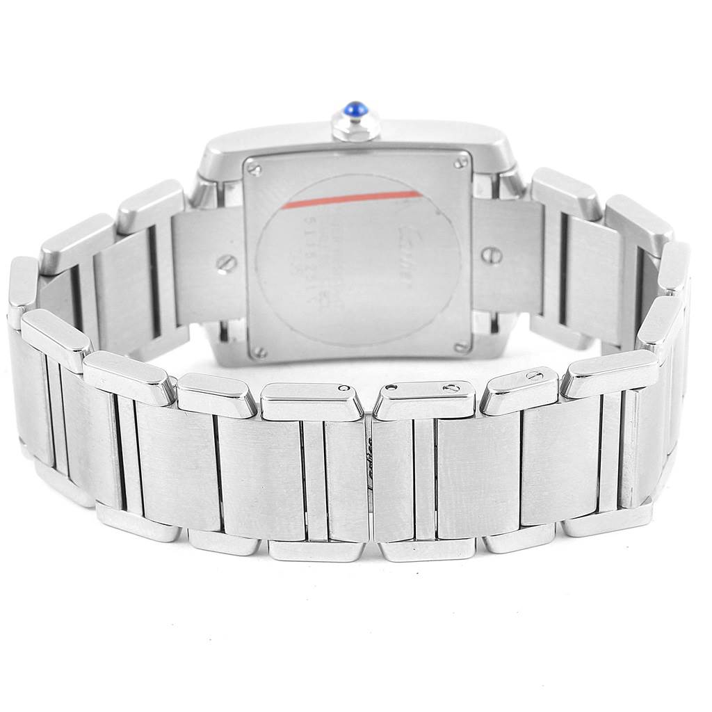 This image shows the back view of a Cartier Tank Francaise W51011Q3 Women's Stainless Steel Silver Dial W51011Q3 Women's Stainless Steel Silver Dial watch, highlighting the clasp and links of the metal bracelet.