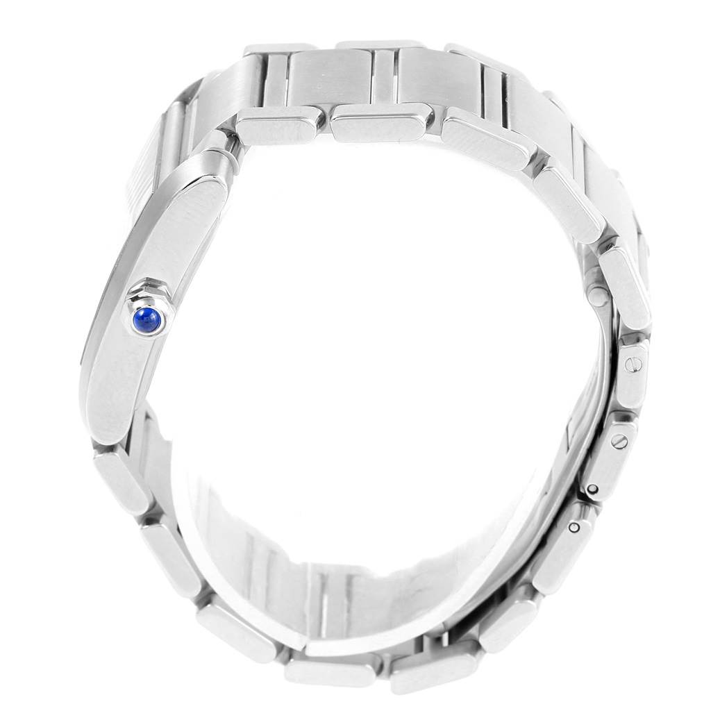 The image displays a side view of the Cartier Tank Francaise W51011Q3 Women's Stainless Steel Silver Dial W51011Q3 Women's Stainless Steel Silver Dial watch, specifically its bracelet and crown.