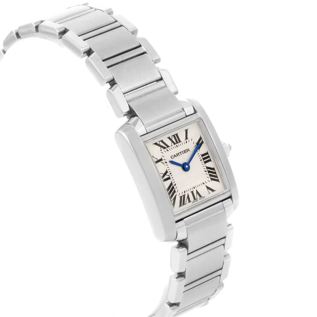 The image shows a side angle of the Cartier Tank Francaise W51008Q3 Women's Stainless Steel Silver Dial W51008Q3 Women's Stainless Steel Silver Dial watch, highlighting its silver band and rectangular face with Roman numerals.