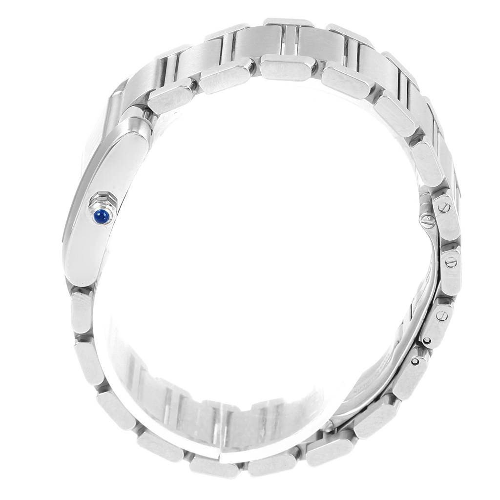 This image shows the side angle of a Cartier Tank Francaise W51008Q3 Women's Stainless Steel Silver Dial W51008Q3 Women's Stainless Steel Silver Dial watch, focusing on the bracelet and side profile including the crown.