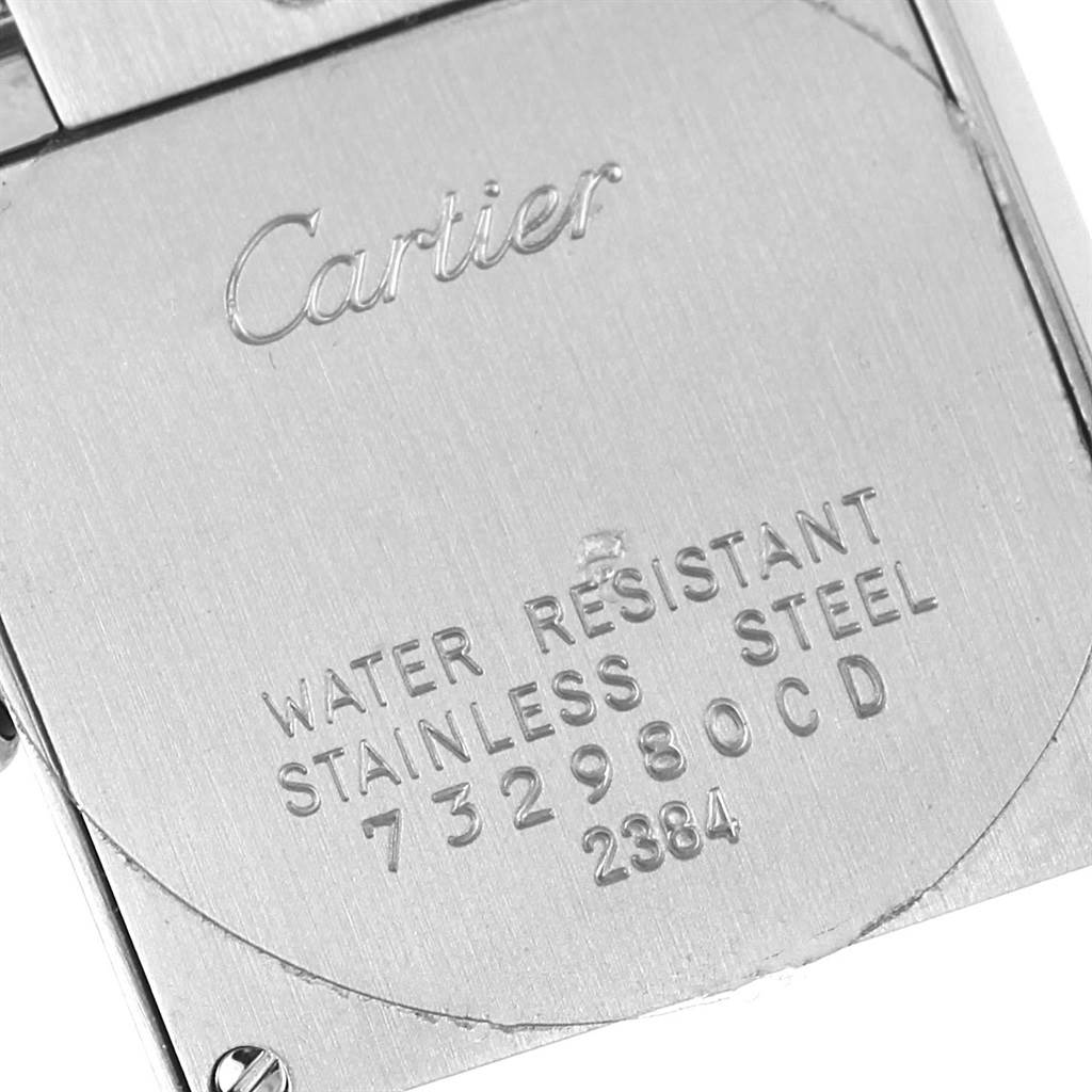 This image shows the back case of a Cartier Tank Francaise W51008Q3 Women's Stainless Steel Silver Dial W51008Q3 Women's Stainless Steel Silver Dial watch, displaying brand name and specifications.
