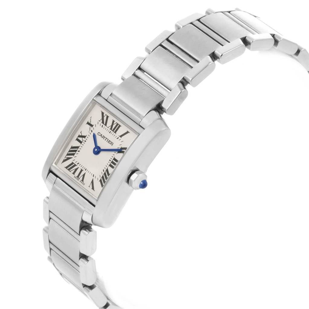 This image shows a Cartier Tank Francaise W51008Q3 Women's Stainless Steel Silver Dial W51008Q3 Women's Stainless Steel Silver Dial watch from a side angle, displaying its bracelet, case, crown, and dial.