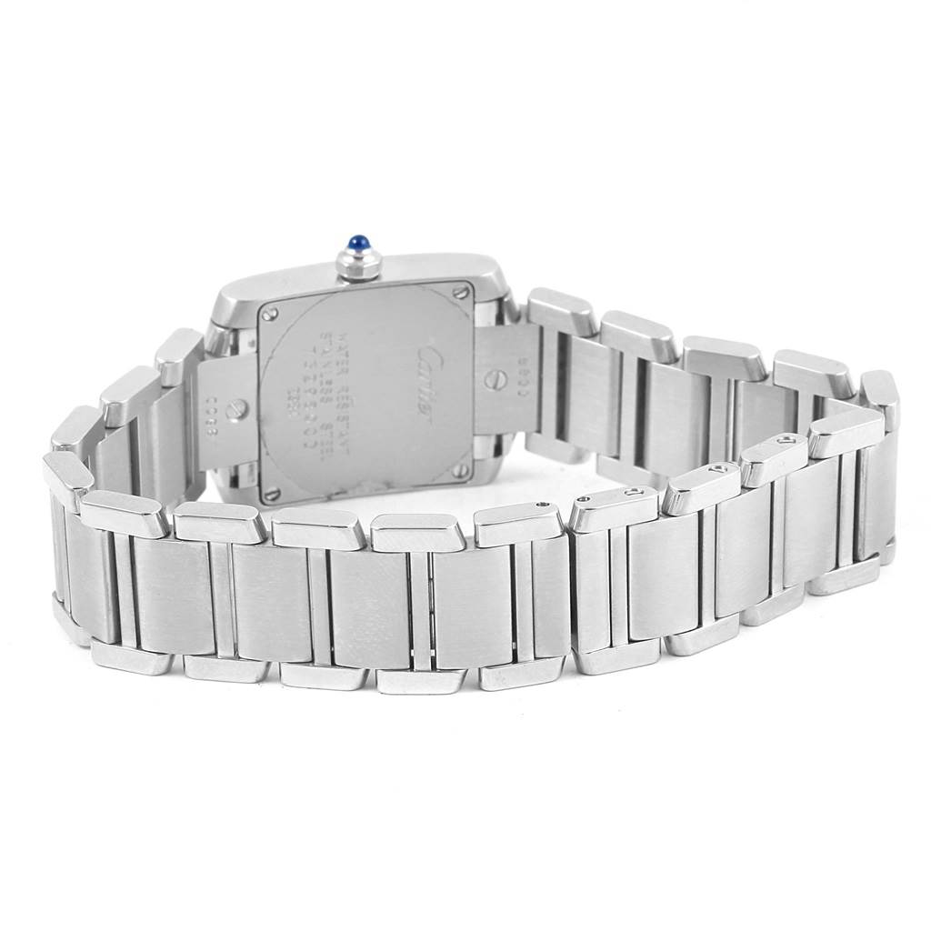 The image shows the back and bracelet of a Cartier Tank Francaise W51008Q3 Women's Stainless Steel Silver Dial W51008Q3 Women's Stainless Steel Silver Dial watch, highlighting the case back and stainless steel links.