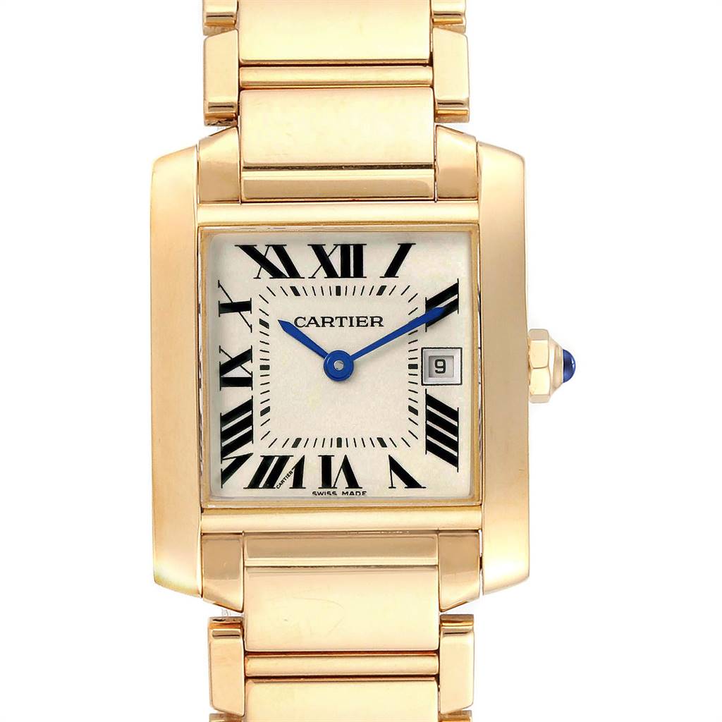 The image shows a Cartier Tank Francaise W50014N2 Women's Yellow Gold Silver Dial W50014N2 Women's Yellow Gold Silver Dial watch, displaying its front face, leather strap, and crown with a blue cabochon.