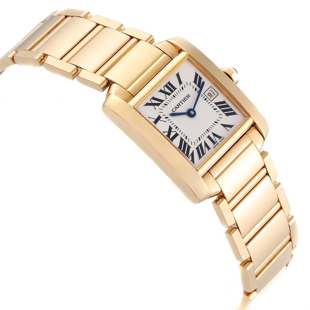 The image shows a Cartier Tank Francaise W50014N2 Women's Yellow Gold Silver Dial W50014N2 Women's Yellow Gold Silver Dial watch angled slightly from the top right, showcasing the face, bracelet, and crown.
