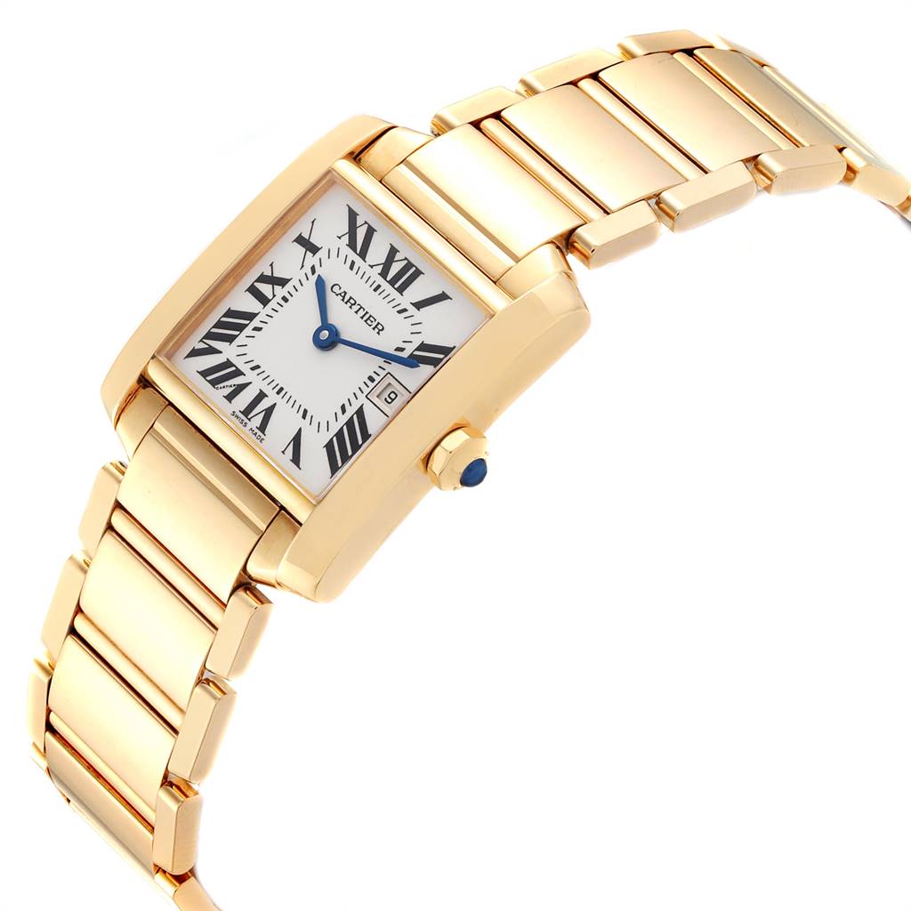 The Cartier Tank Francaise W50014N2 Women's Yellow Gold Silver Dial W50014N2 Women's Yellow Gold Silver Dial watch is shown from an angled side view, displaying the bracelet, case, dial, and crown clearly.