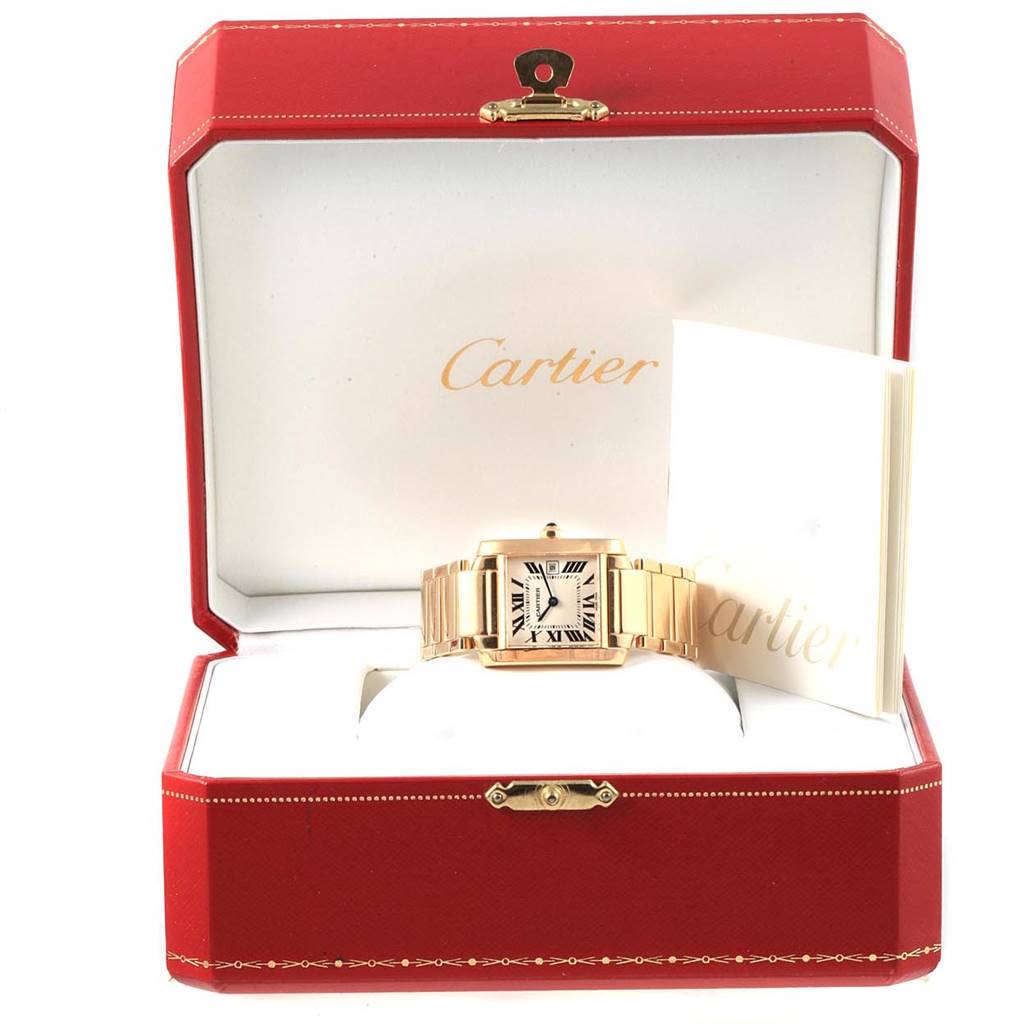 The image shows the Cartier Tank Francaise W50014N2 Women's Yellow Gold Silver Dial W50014N2 Women's Yellow Gold Silver Dial watch in its red case, viewed from the front.