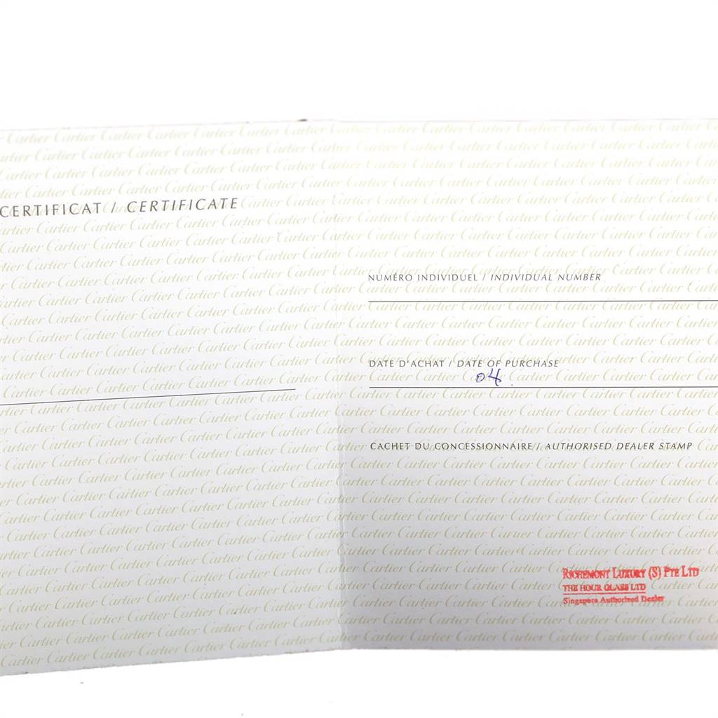 This image shows a close-up of the certificate for the Cartier Tank Française model, displaying the purchase date and individual number fields.