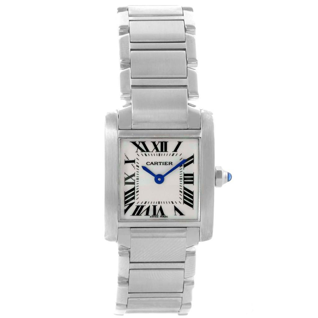 This image shows a front view of the Tank Francaise model by Cartier, featuring its face, bracelet, and crown.