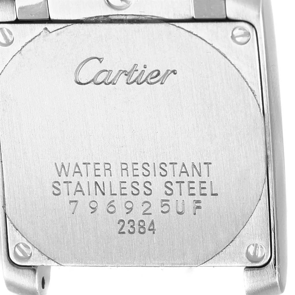 This image shows the back case of a Cartier Tank Francaise W51008Q3 Women's Stainless Steel Silver Dial W51008Q3 Women's Stainless Steel Silver Dial watch, highlighting its water resistance and stainless steel features.