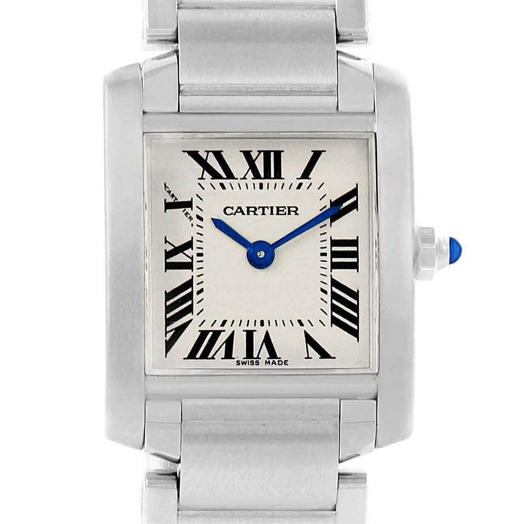 The image shows a front view of a Cartier Tank Francaise W51008Q3 Women's Stainless Steel Silver Dial W51008Q3 Women's Stainless Steel Silver Dial watch, highlighting its square face, blue hands, Roman numerals, and part of the bracelet.