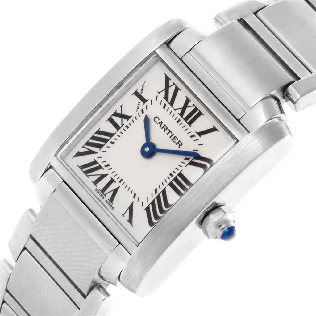 The image shows a close-up angle of a Cartier Tank Francaise W51008Q3 Women's Stainless Steel Silver Dial W51008Q3 Women's Stainless Steel Silver Dial watch, highlighting its rectangular dial, Roman numerals, and stainless steel bracelet.