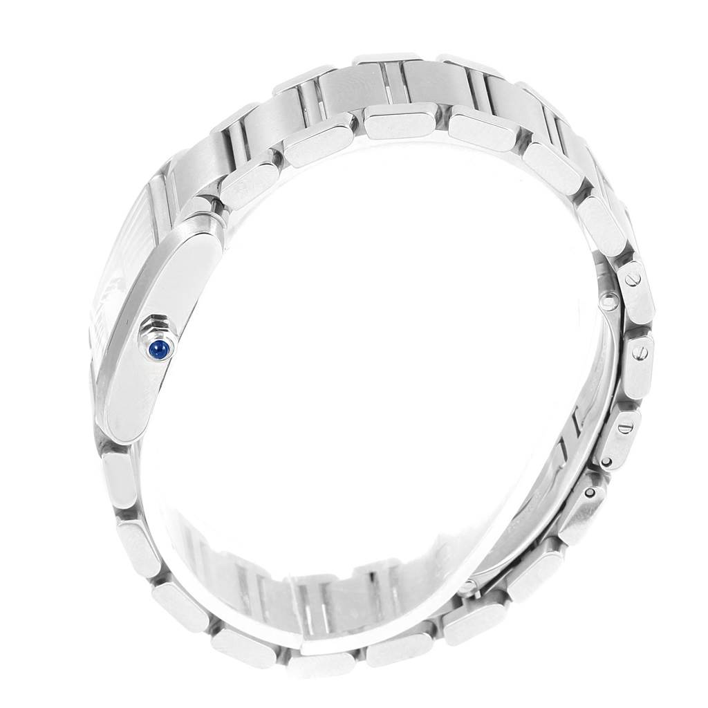 The image shows the side view of a Cartier Tank Francaise W51008Q3 Women's Stainless Steel Silver Dial W51008Q3 Women's Stainless Steel Silver Dial watch, focusing on its bracelet and crown.